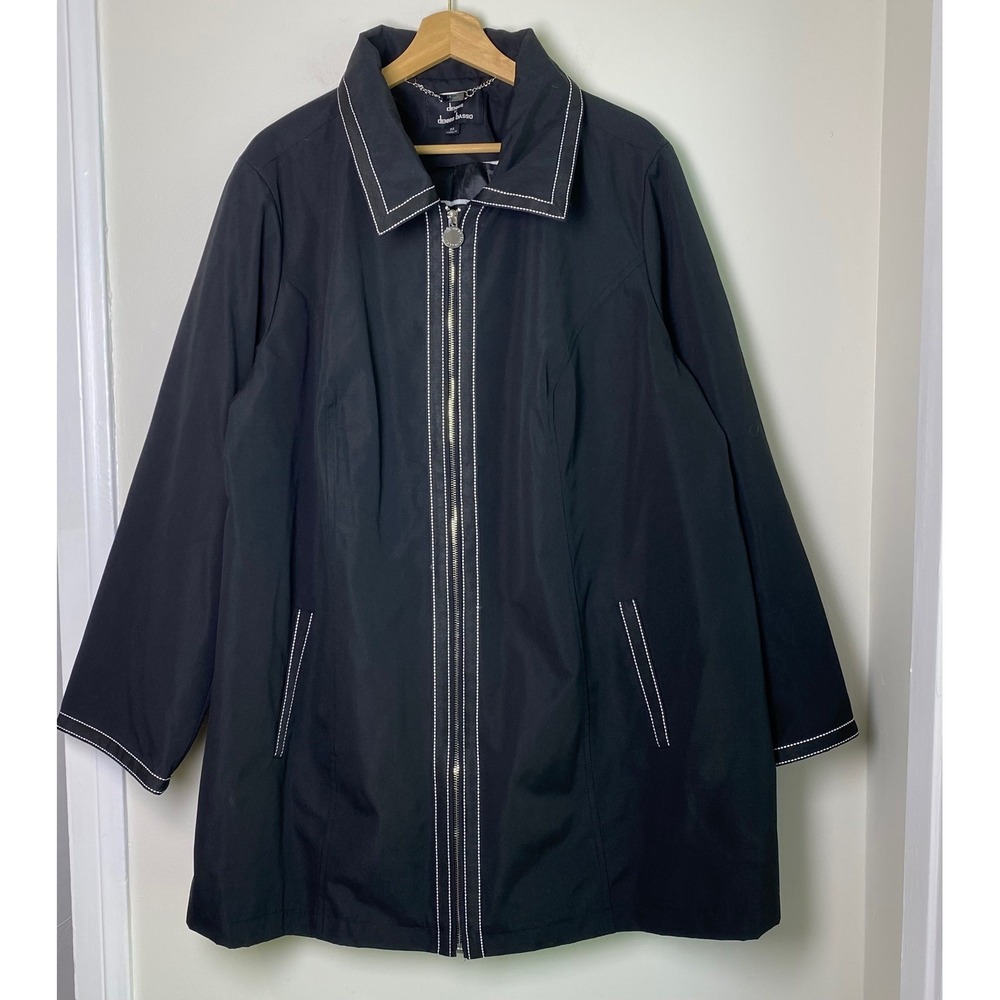 Dennis Basso Rain Jacket Women 2X Black Contrast Stitch Zip Up Trench Coat